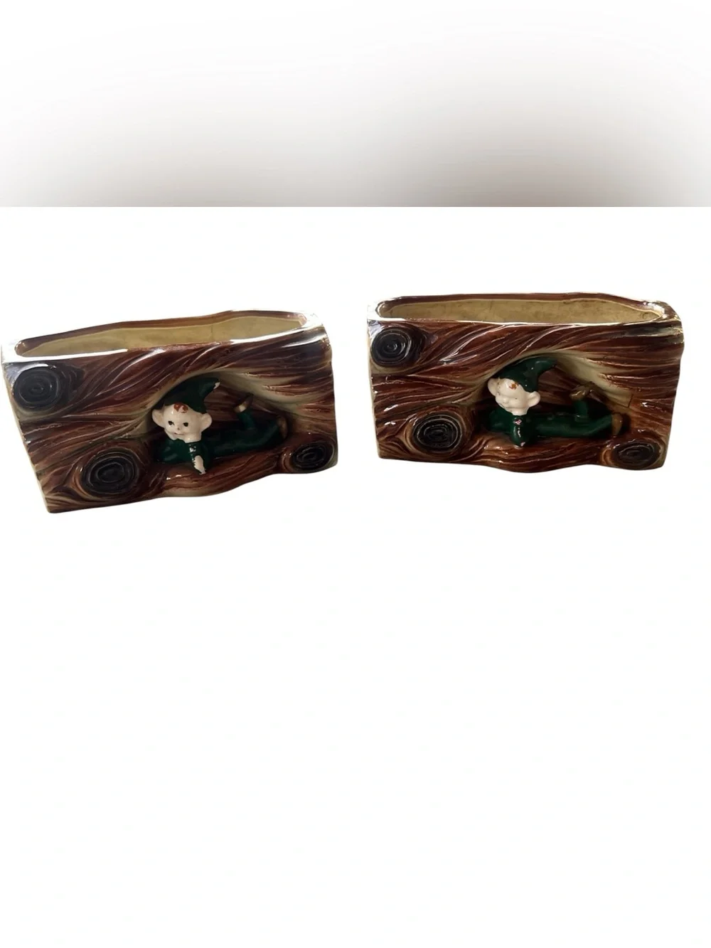 Vintage MCM Ceramic Elf Pixie Log Planters Pair Faux Bois Woodland Kitsch